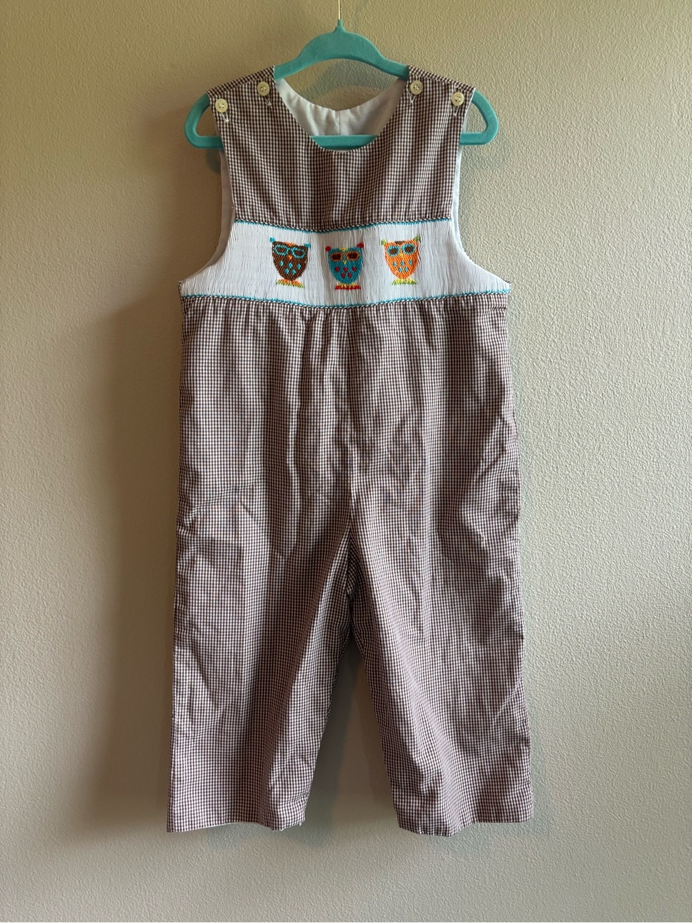 Brown Gingham Kids Overalls with Owl Smocking